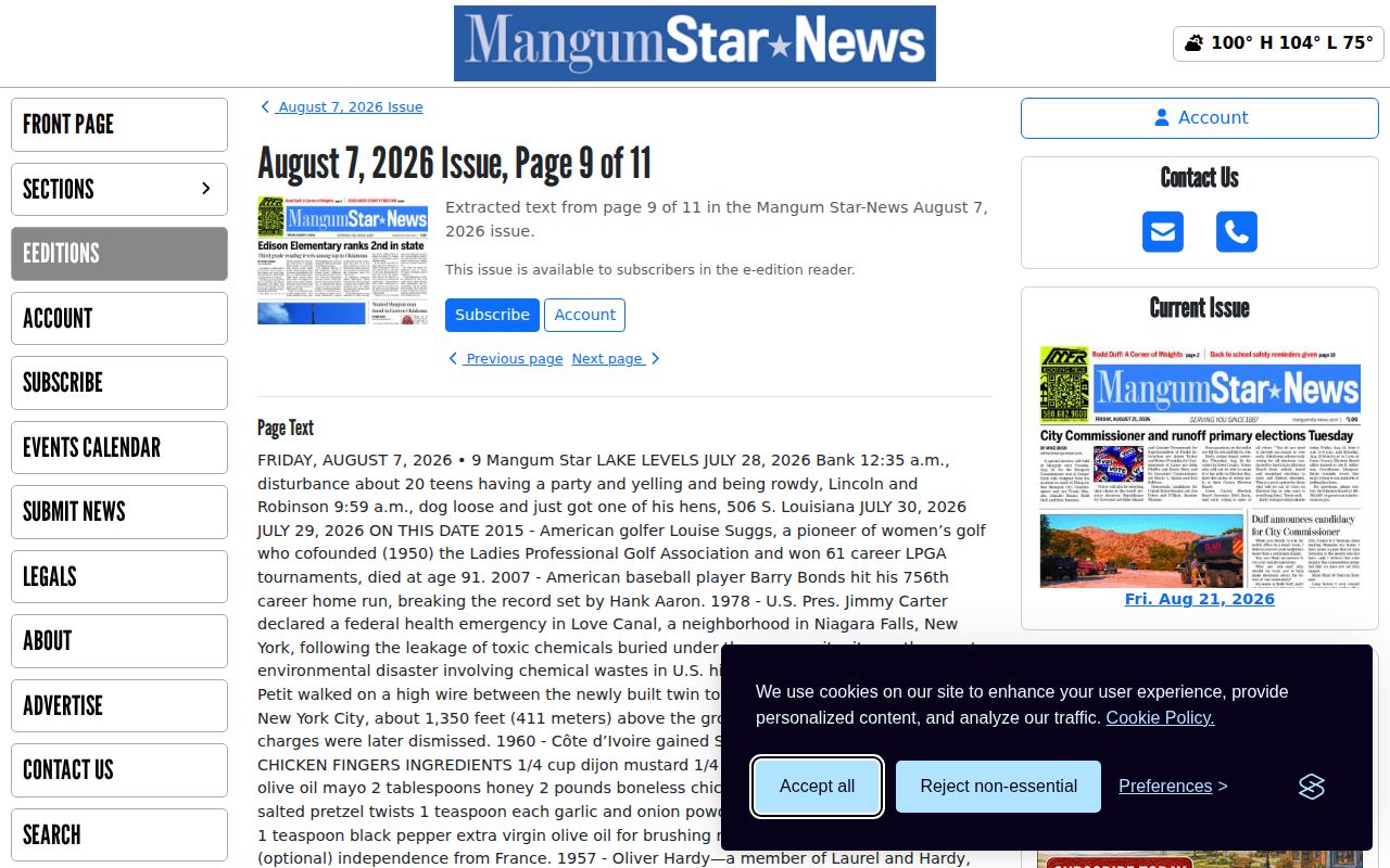 Greer County local arrest-log reporting in a Mangum Star-News issue